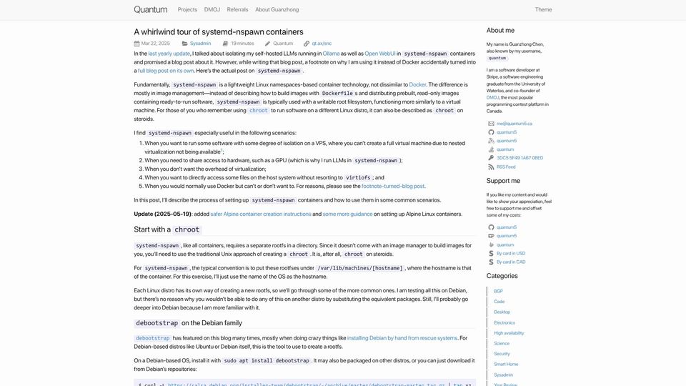 Screenshot of quantum5.ca: A whirlwind tour of systemd-nspawn containers (2025)