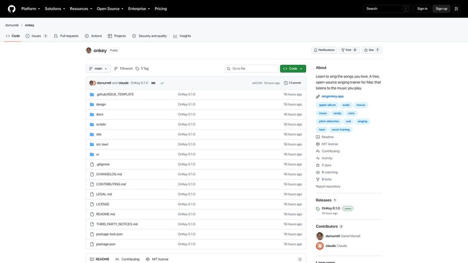 Screenshot of github.com: Show HN: OnKey – I'm a bad singer, so I built an app to show where I'm off-key