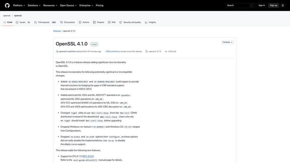 Screenshot of github.com: OpenSSL 4.1.0