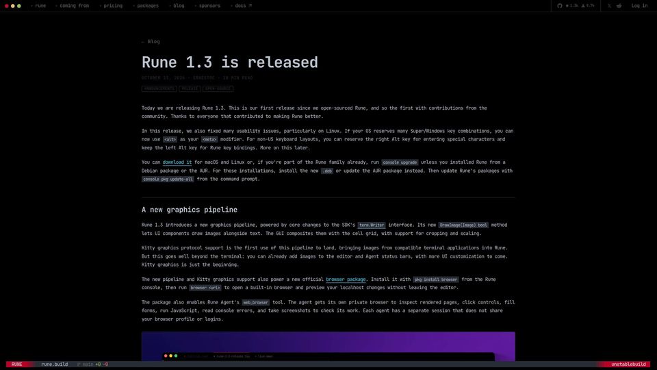 Screenshot of rune.build: Rune 1.3: adds TypeScript, a Helix editor, Kitty graphics and OSC-7501