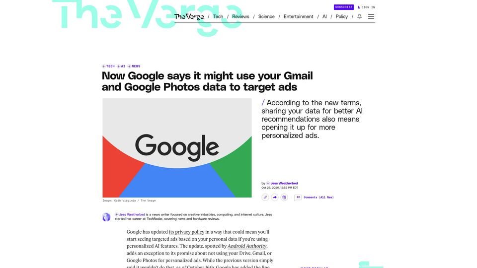 Screenshot of theverge.com: Now Google says it might use your Gmail and Google Photos data to target ads