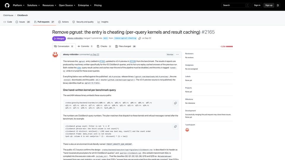Screenshot of github.com: Remove pgrust: the entry is cheating (per-query kernels and result caching)