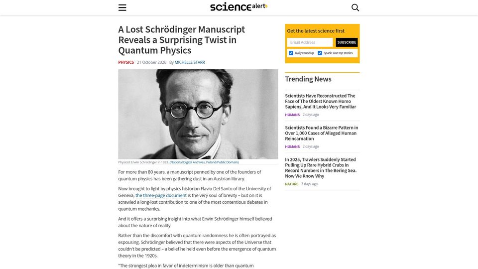 Screenshot of sciencealert.com: A lost Schrödinger manuscript reveals a twist in quantum physics