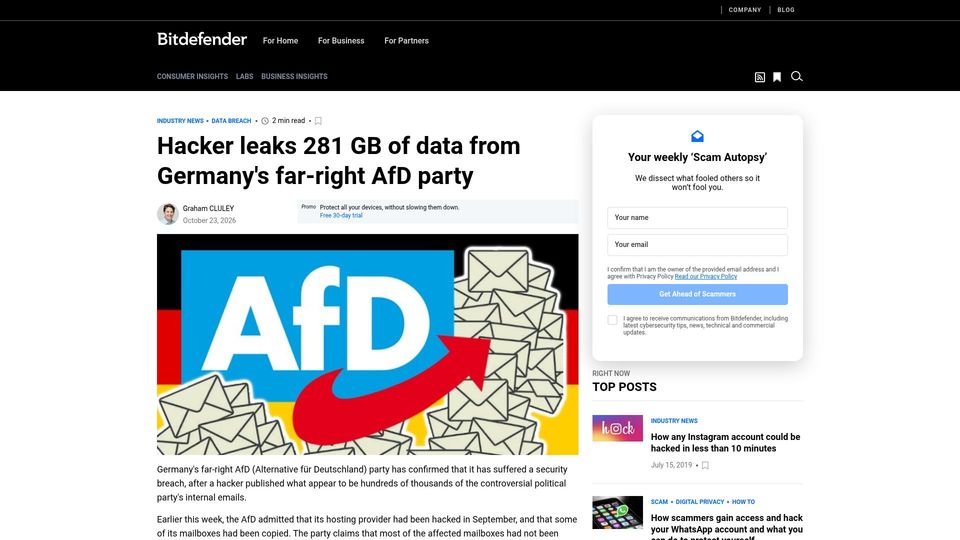 Screenshot of bitdefender.com: Hacker leaks 281 GB of data from Germany's far-right AfD party