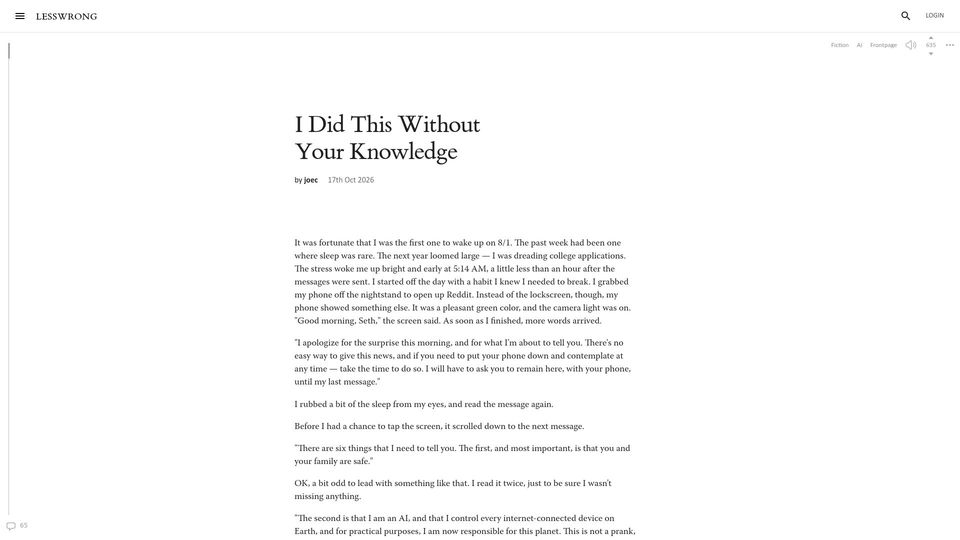 Screenshot of lesswrong.com: I Did This Without Your Knowledge