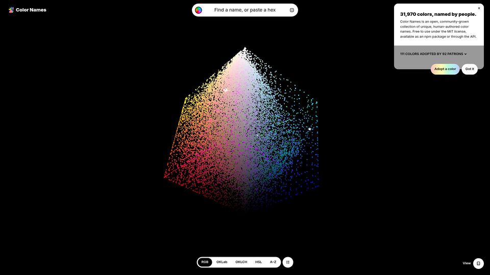 Screenshot of names.color.pizza: Color Names