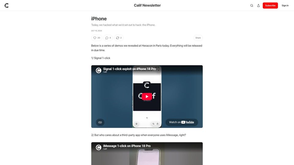 Screenshot of blog.calif.io: Today, we hacked what we'd set out to hack: the iPhone