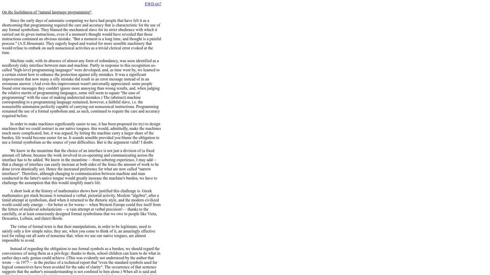 Screenshot of cs.utexas.edu: The foolishness of "natural language programming" (1978)
