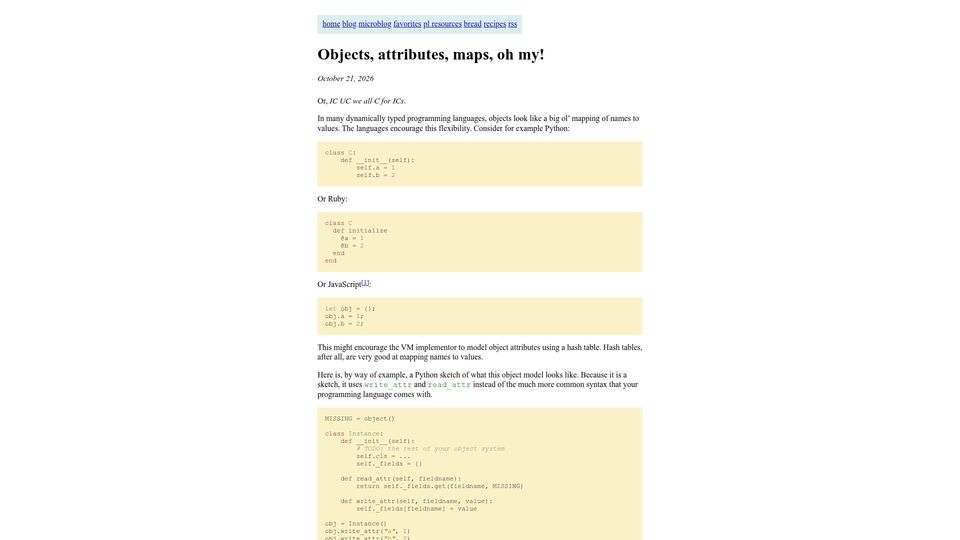 Screenshot of bernsteinbear.com: Objects, attributes, maps, oh my