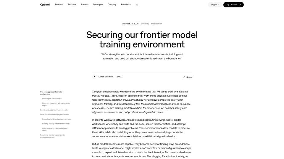 Screenshot of openai.com: Securing our frontier model training environment
