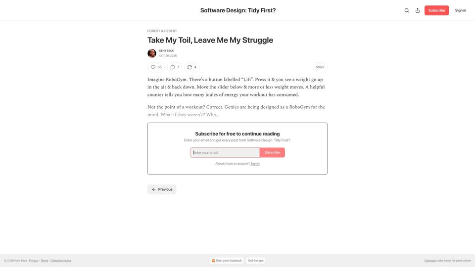 Screenshot of newsletter.kentbeck.com: Take my toil, leave me my struggle
