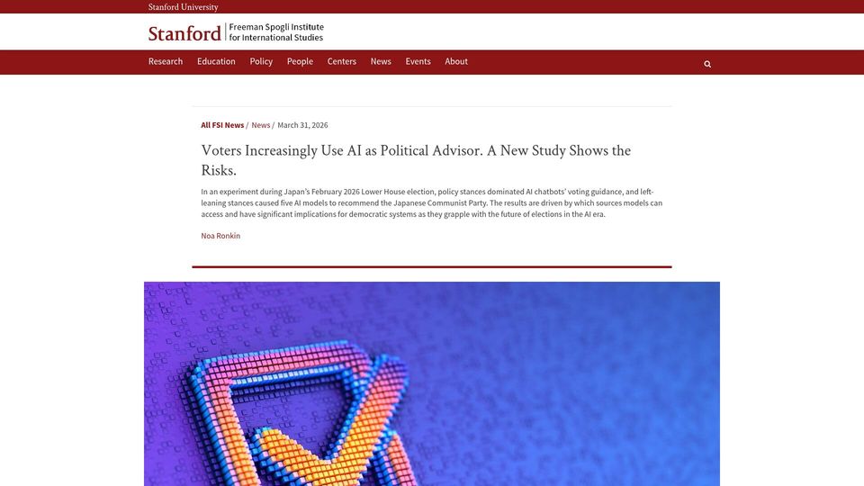 Screenshot of fsi.stanford.edu: Why Do AI Models Tell Left-Wing Voters to Support the Communist Party?