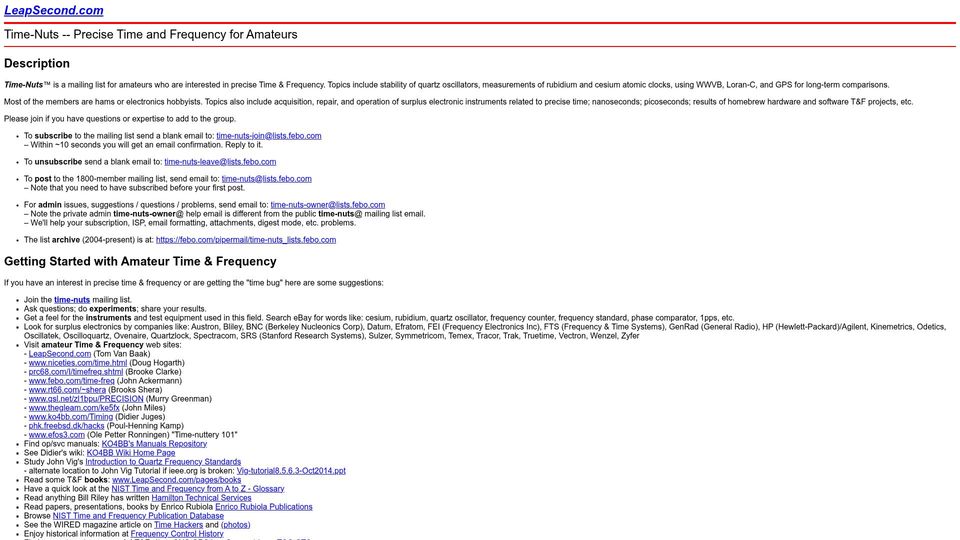 Screenshot of leapsecond.com: Time Nuts (2005)