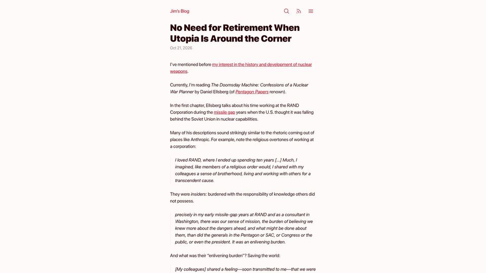 Screenshot of blog.jim-nielsen.com: No Need for Retirement When Utopia Is Around the Corner
