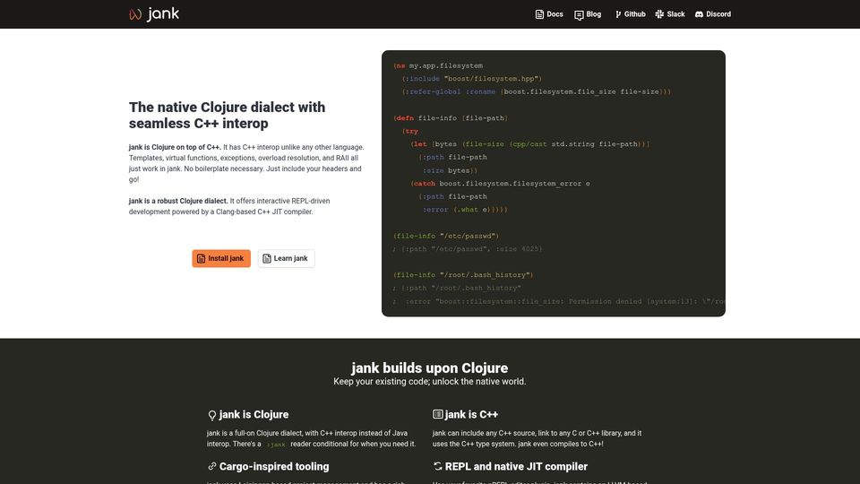 Screenshot of jank-lang.org: Jank – The native Clojure dialect with seamless C++ interop