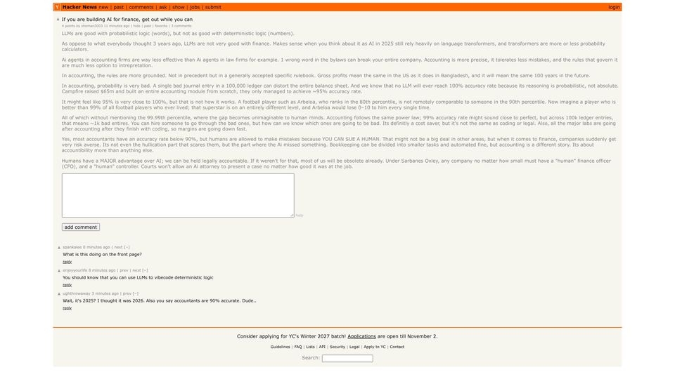 Screenshot of Hacker News post: If you are building AI for finance, get out while you can