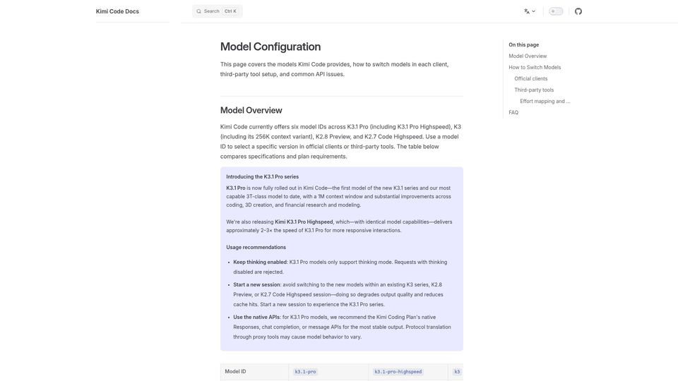 Screenshot of kimi.ai: Kimi K3.1 Pro and K3.1 Pro Highspeed