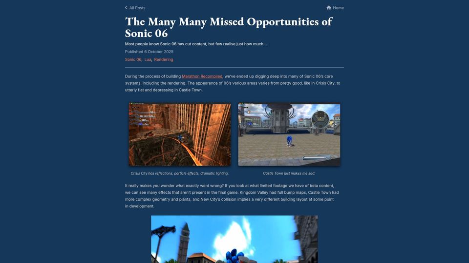 Screenshot of isaacmarovitz.com: The Missed Opportunities of Sonic 06 (2025)