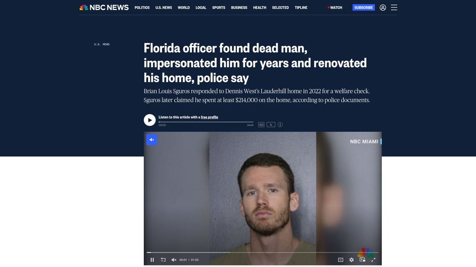Screenshot of nbcnews.com: Florida officer found dead man, impersonated him for years, renovated his home