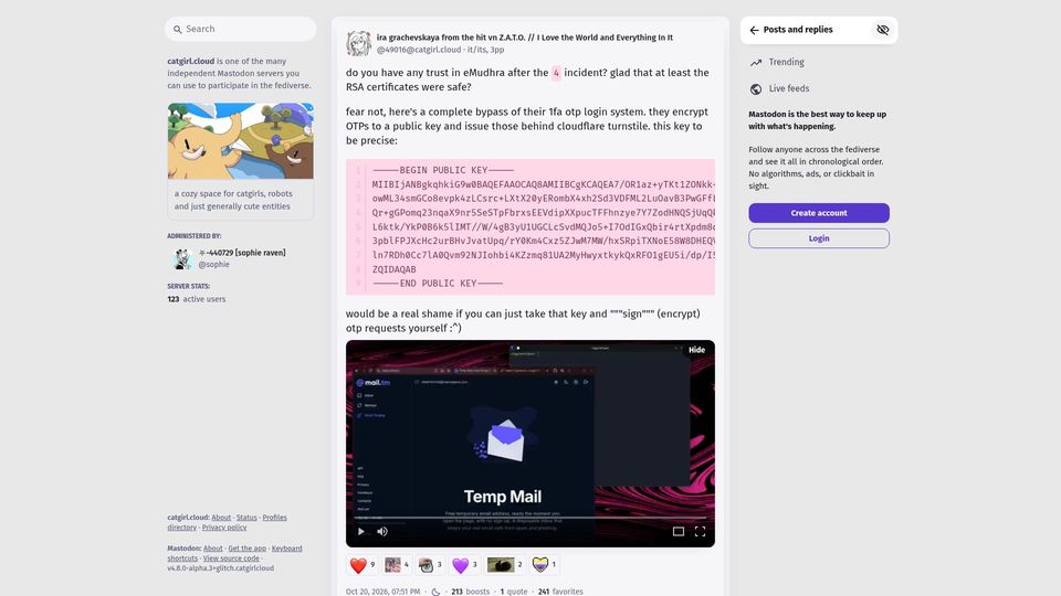 Screenshot of mastodon.catgirl.cloud: eMudhra Login Bypass