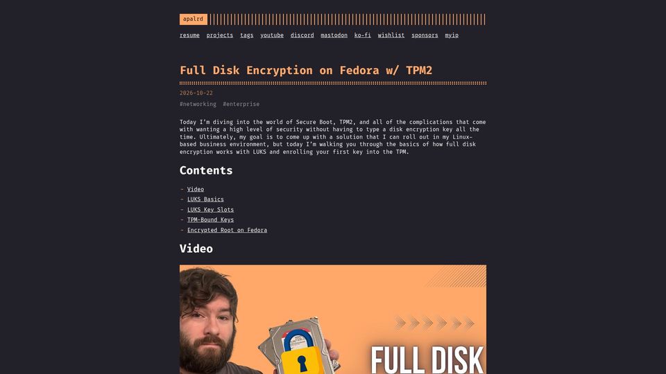 Screenshot of apalrd.net: Full Disk Encryption on Fedora with TPM2