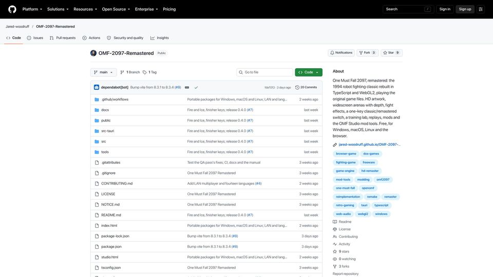 Screenshot of github.com: One Must Fall 2097 Remastered