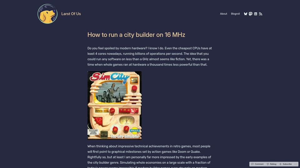 Screenshot of larstofus.com: How to run a city builder on 16 MHz