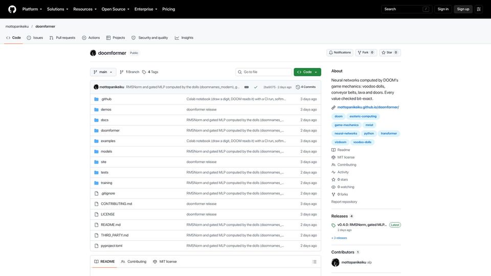Screenshot of github.com: I built a neural network using DOOM games