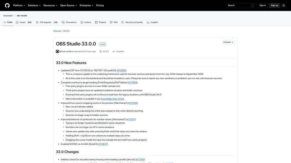 Screenshot of github.com: OBS Studio 33