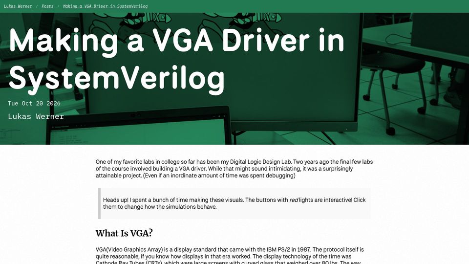 Screenshot of lukaswerner.com: Making a VGA Driver in SystemVerilog