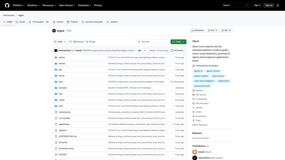 Screenshot of github.com: Show HN: Argus- open source security platform to protect against agentic attacks