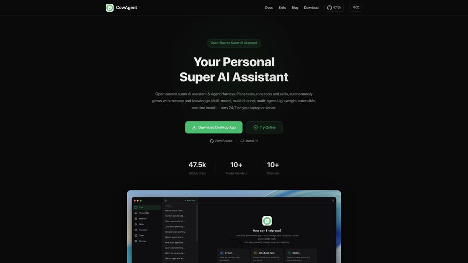 Screenshot of cowagent.ai: CowAgent – Open-Source Super AI Assistant