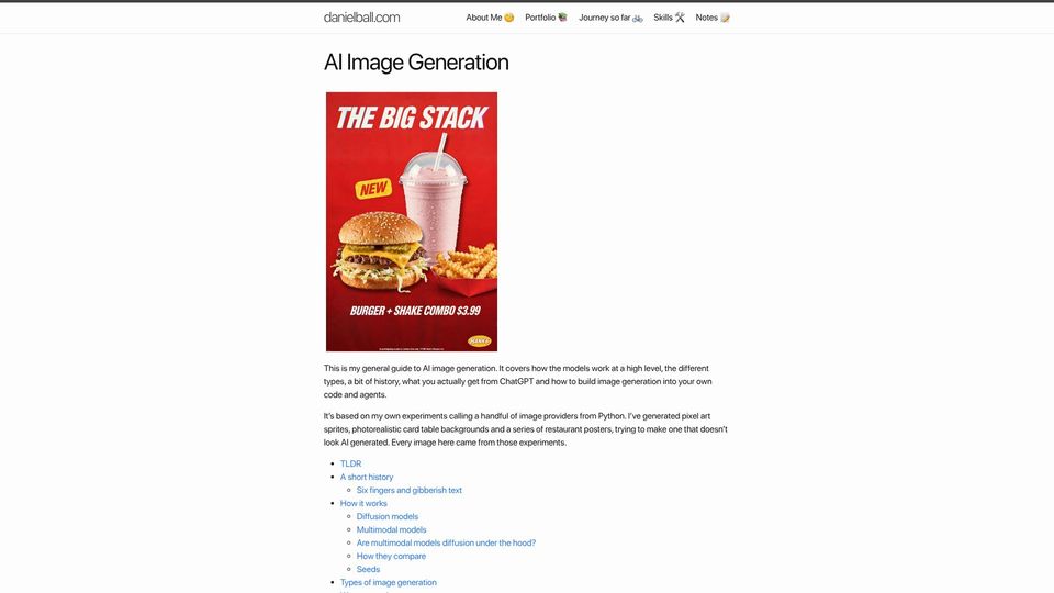 Screenshot of danielball.com: A practical guide to AI image generation, from diffusion to agents