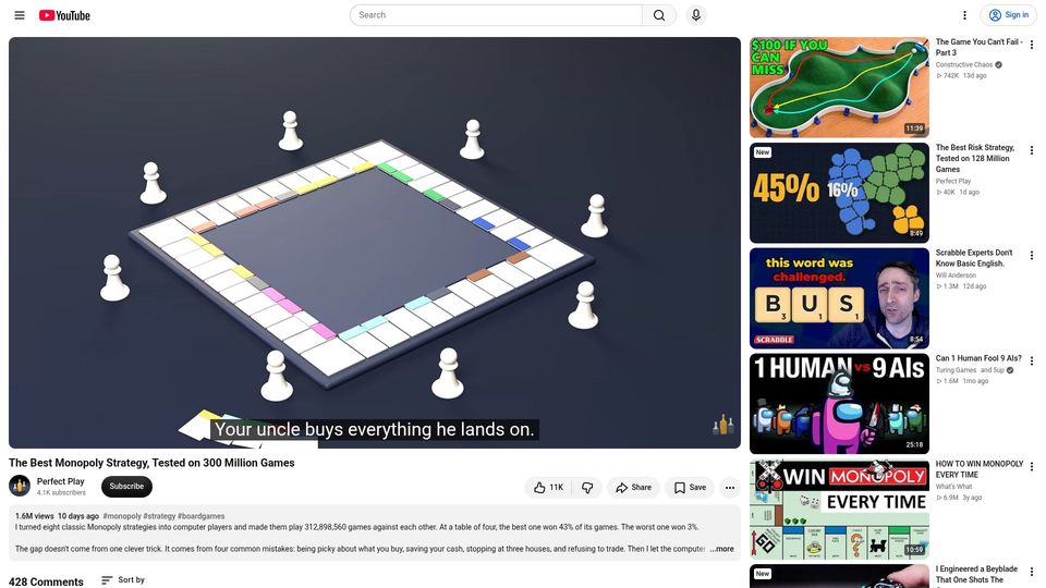 Screenshot of youtube.com: The Best Monopoly Strategy, Tested on 300M Games [video]
