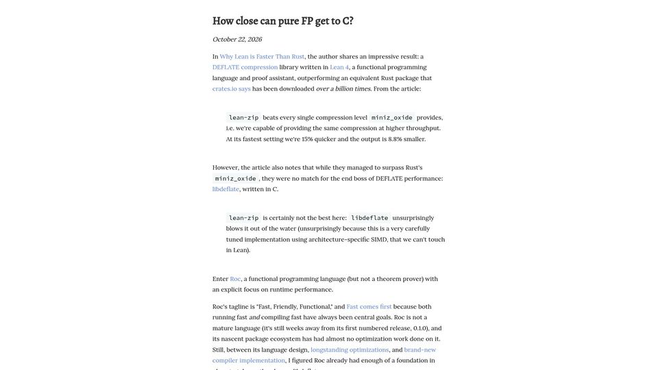 Screenshot of rtfeldman.com: How close can pure functional programming get to C?