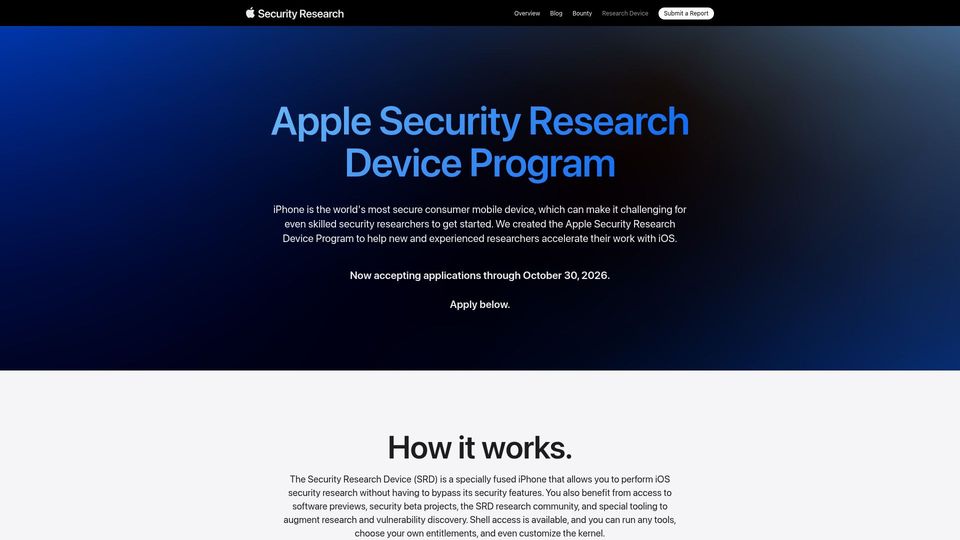 Screenshot of security.apple.com: Apple Security Research Device