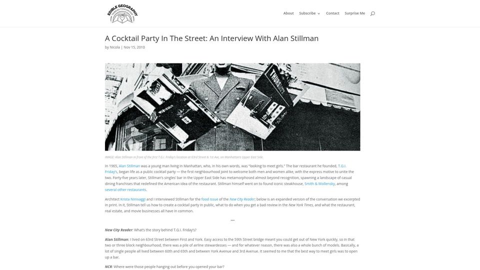 Screenshot of ediblegeography.com: A Cocktail Party in the Street: An Interview with Alan Stillman (2010)