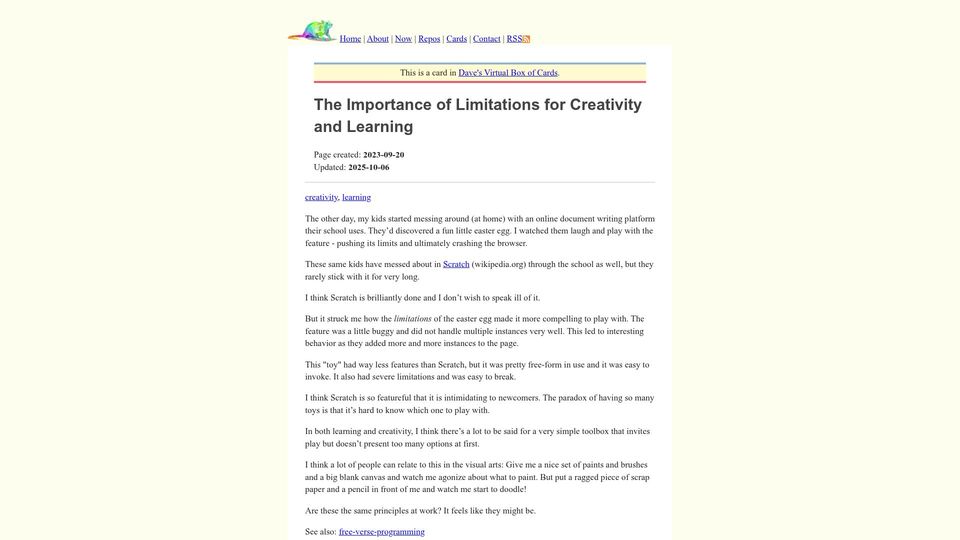 Screenshot of ratfactor.com: The Importance of Limitations for Creativity and Learning (2023)