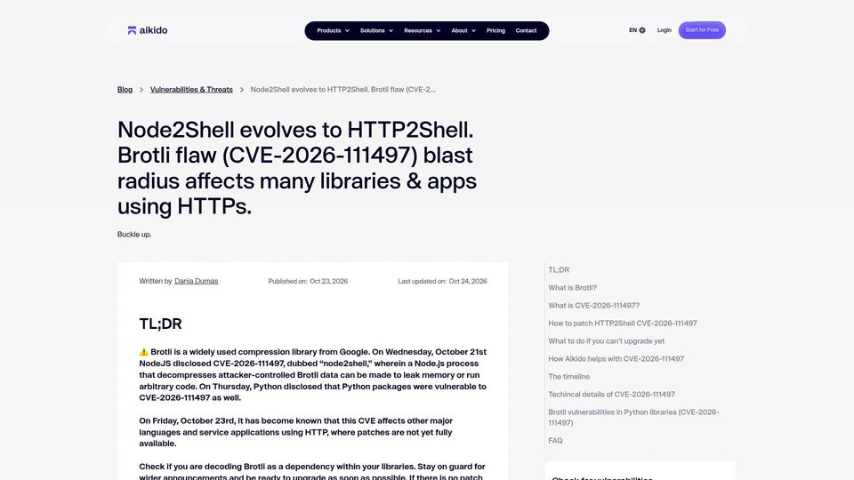 Screenshot of broccoli2shell.com: Broccoli2Shell: Brotli decoder RCE in Node.js, Python and more