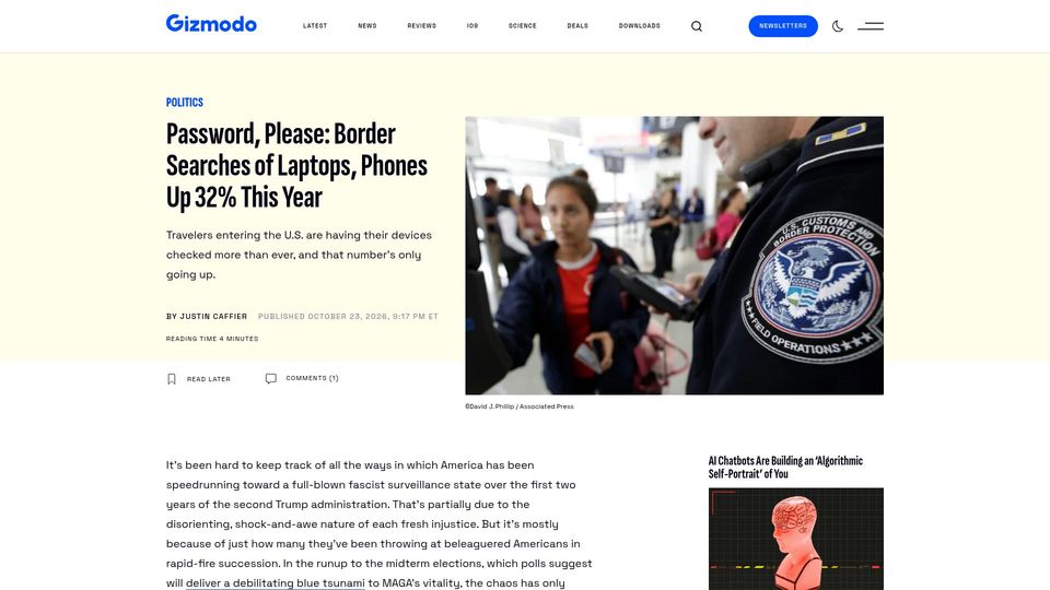 Screenshot of gizmodo.com: Password, Please: Border Searches of Laptops, Phones Up 32% This Year