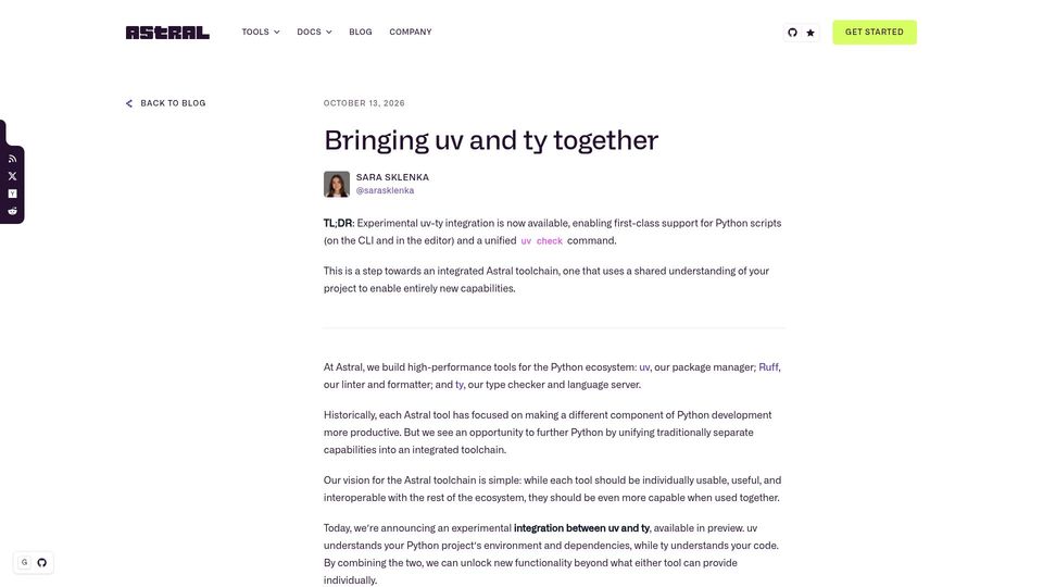 Screenshot of astral.sh: Bringing uv and ty together