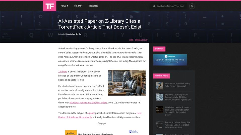 Screenshot of torrentfreak.com: AI-Assisted Paper on Z-Library Cites a TorrentFreak Article That Doesn't Exist