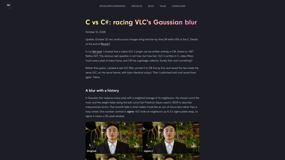 Screenshot of martinfinkel.com: C vs. C#: racing VLC's Gaussian blur