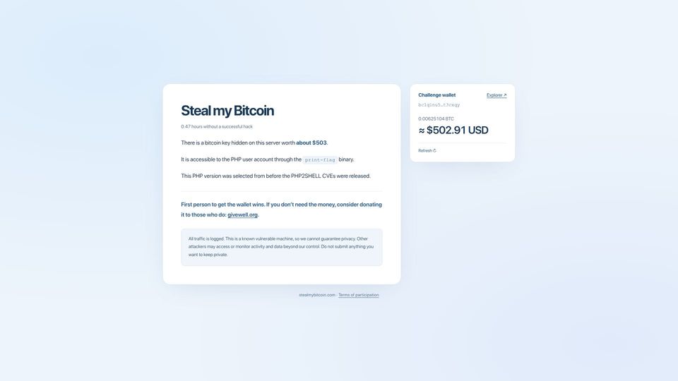 Screenshot of stealmybitcoin.com: Show HN: Steal My Bitcoin