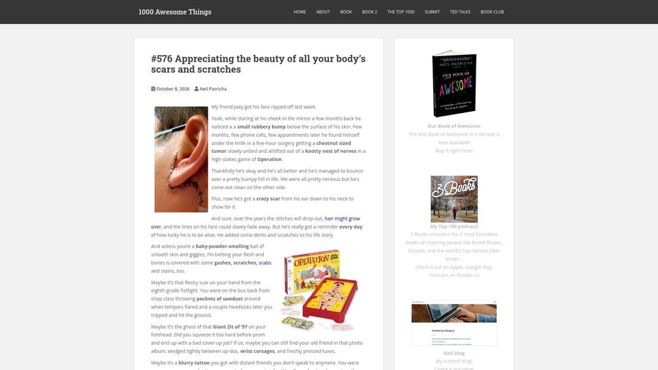 Screenshot of 1000awesomethings.com: Appreciating the beauty of all your body's scars and scratches