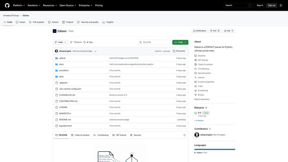 Screenshot of github.com: Parsing EDIFACT in Python with syntax trees