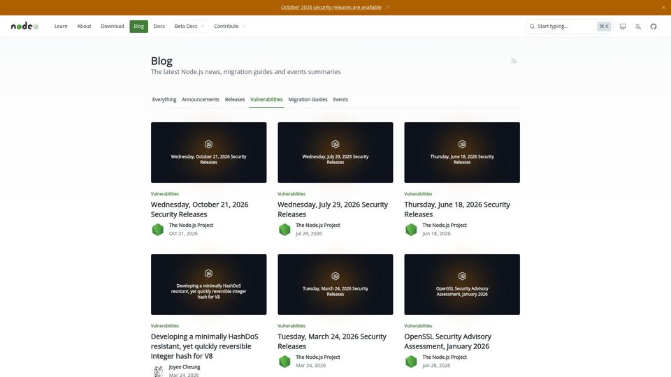Screenshot of nodejs.org: Node.js Vulnerability Blog