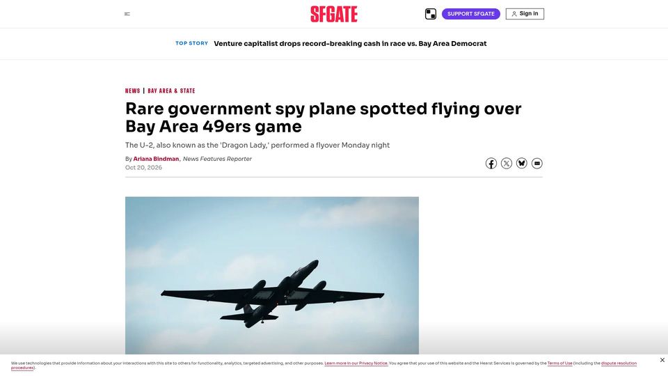 Screenshot of sfgate.com: U-2 spy plane makes rare appearance in Bay Area flyover
