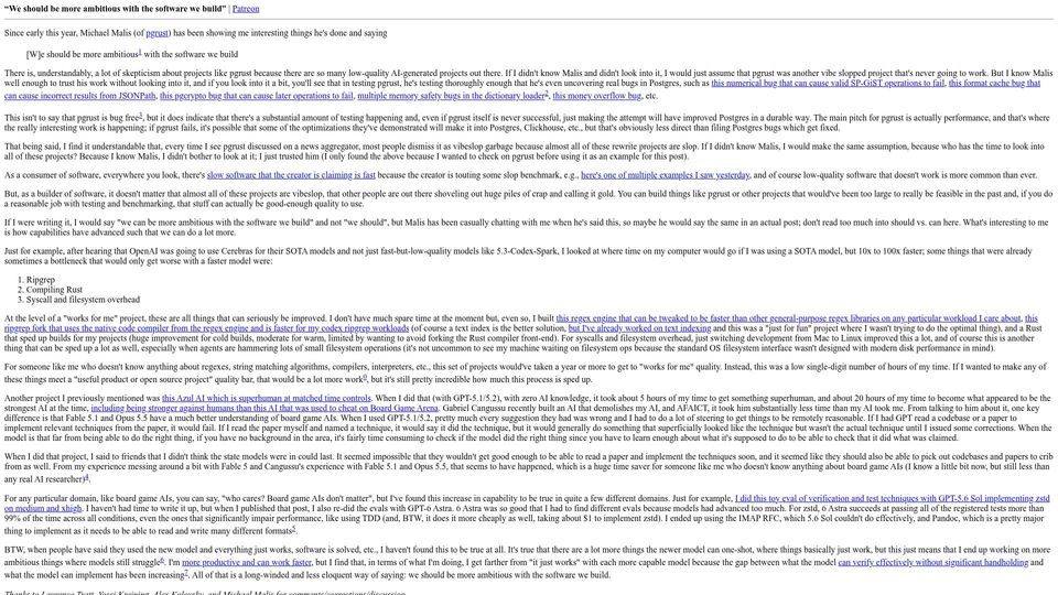 Screenshot of danluu.com: We should be more ambitious with the software we build