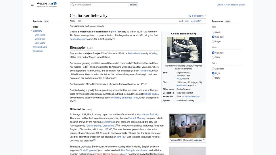 Screenshot of en.wikipedia.org: Cecilia Berdichevsky, Clementina expert (1961)